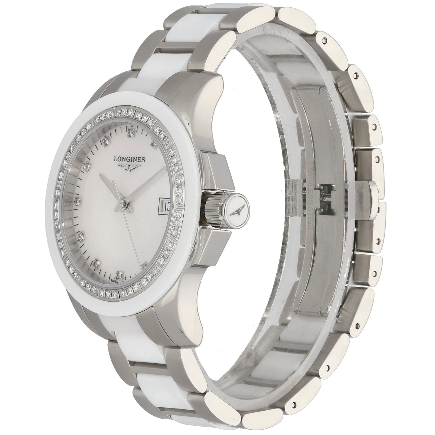Longines Conquest Classic L3.281.0, Mother of Pearl dial, Stainless Steel & Ceramic, Front Angle Image