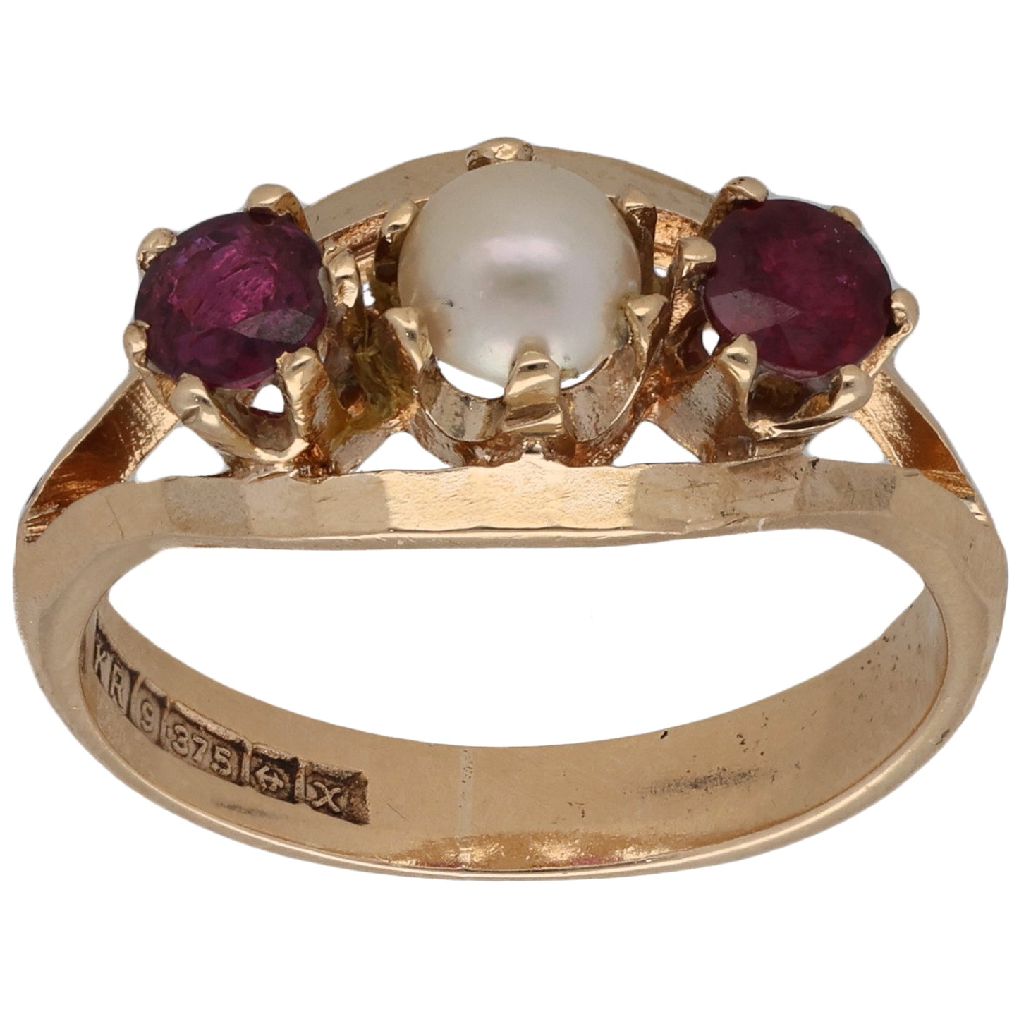 9ct Gold Cultured Pearl & Ruby Three Stone Ring Size N