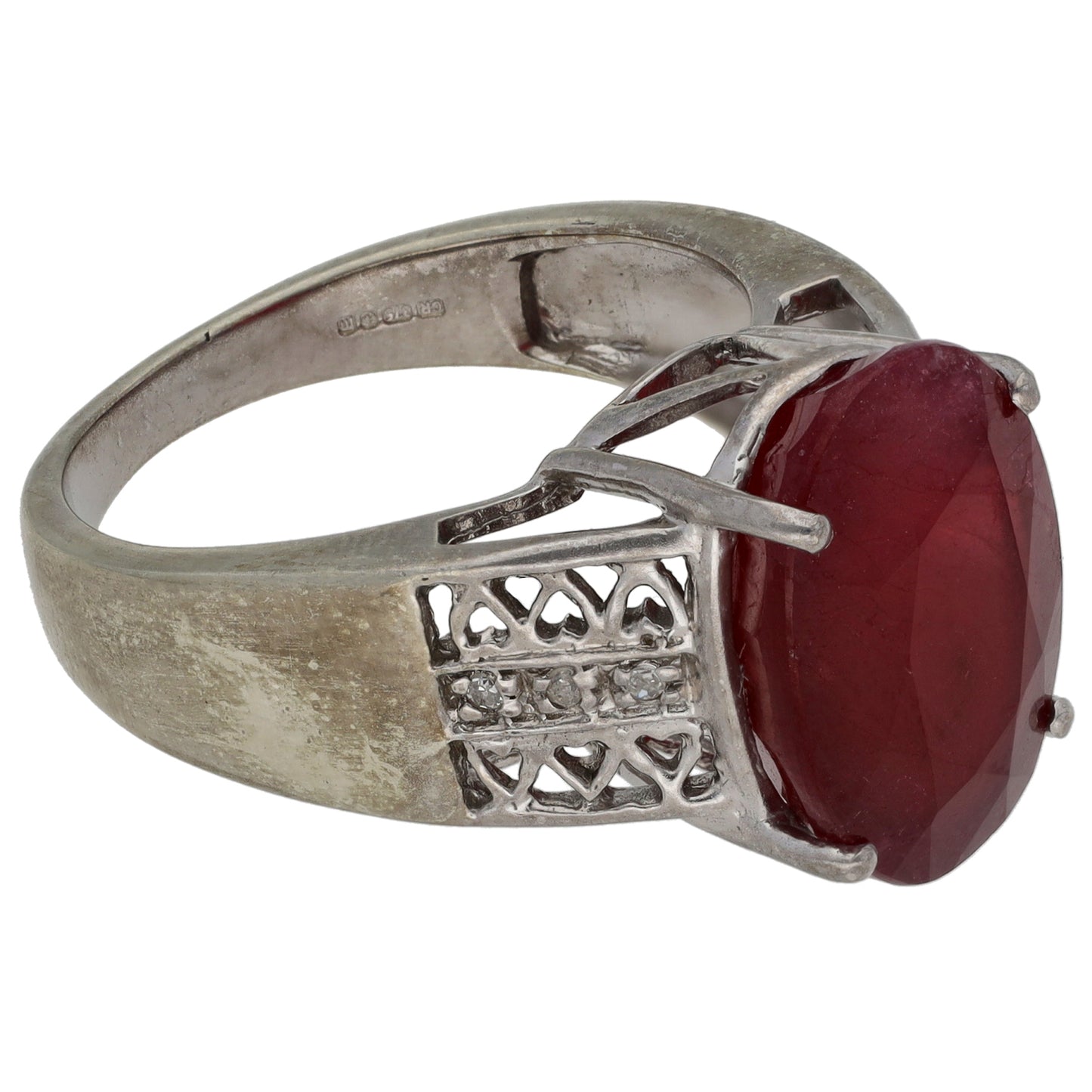 9ct White Gold 0.03ct Diamond & Glass Filled Ruby Dress/Cocktail Ring Size N
