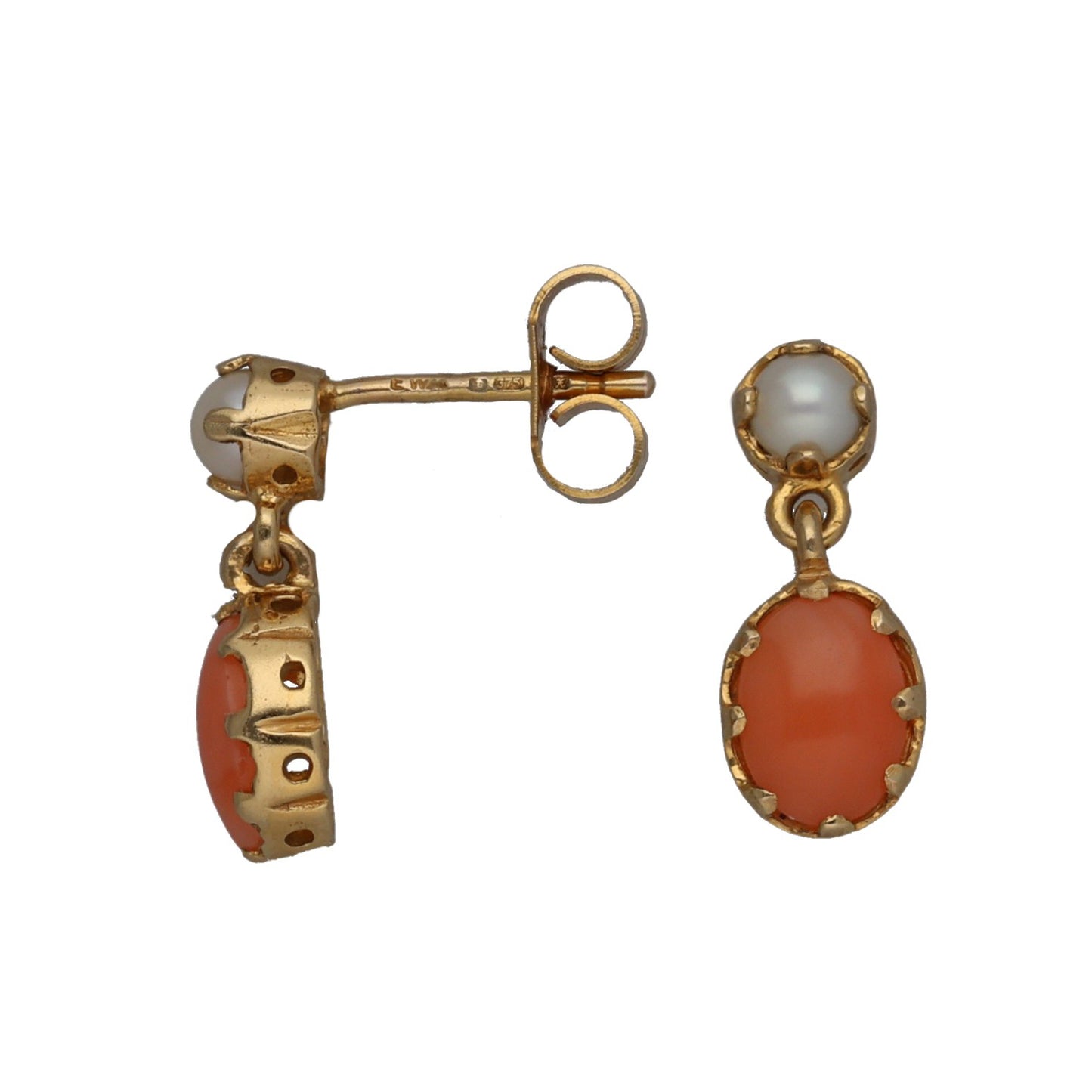 9ct Gold Cultured Pearl & Coral Drop Earrings