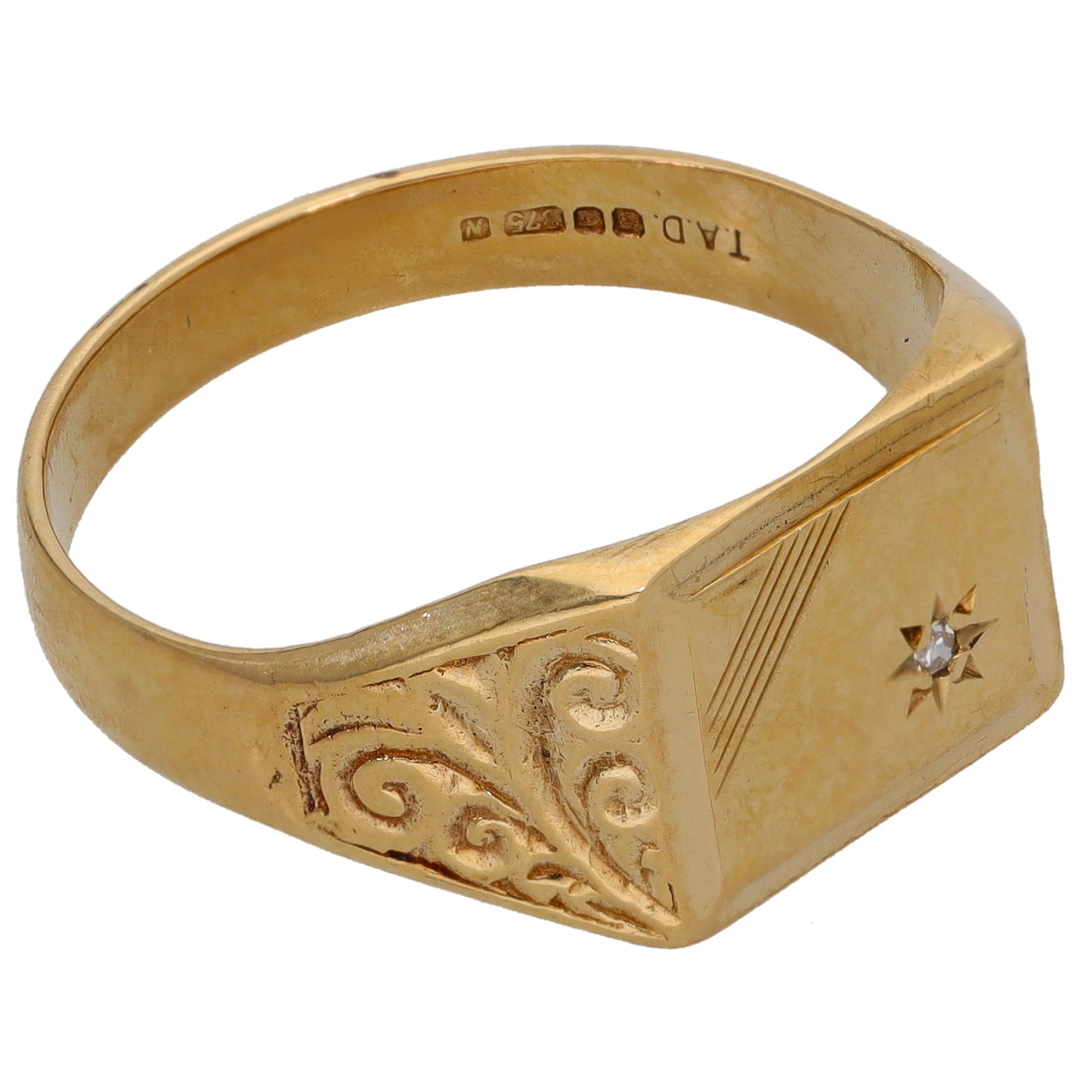 9ct Gold 0.01ct Diamond Patterned Single Stone Signet Ring Size W