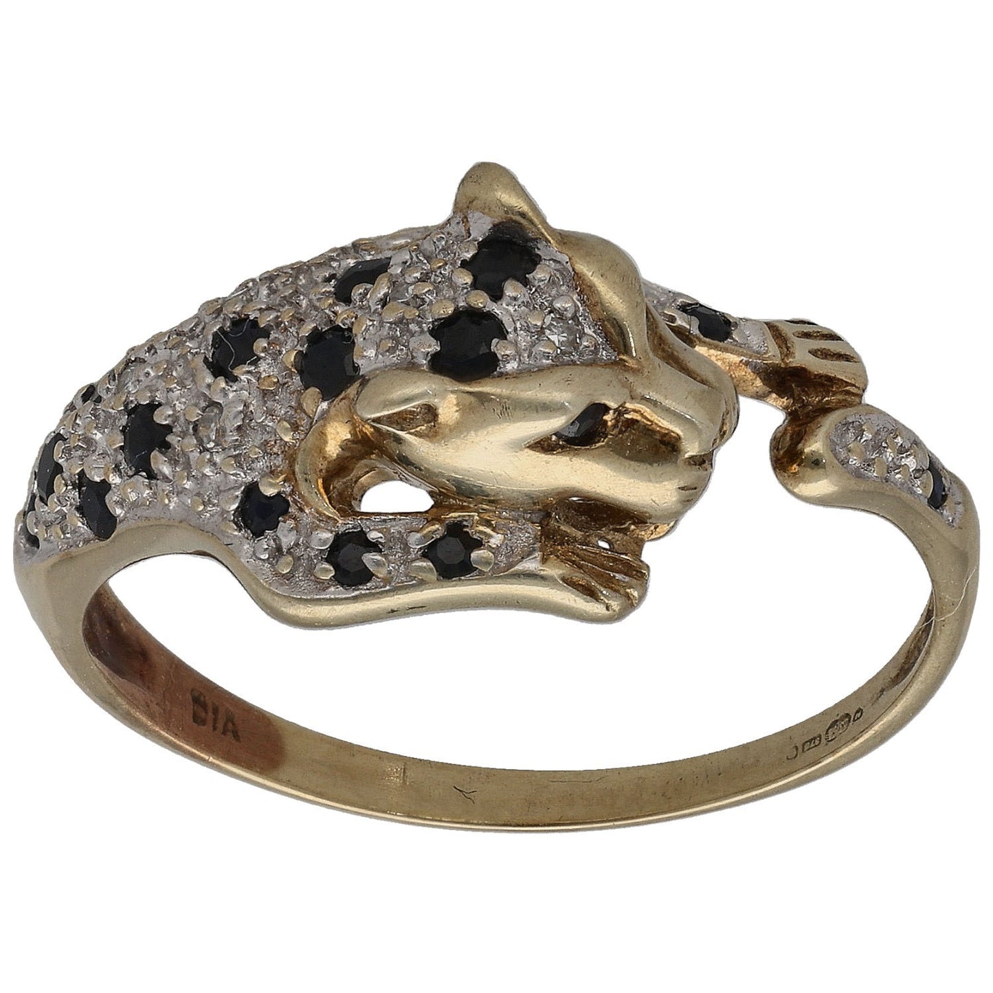 9ct Gold Sapphire & 0.035ct Diamond Panther Ring Size Q