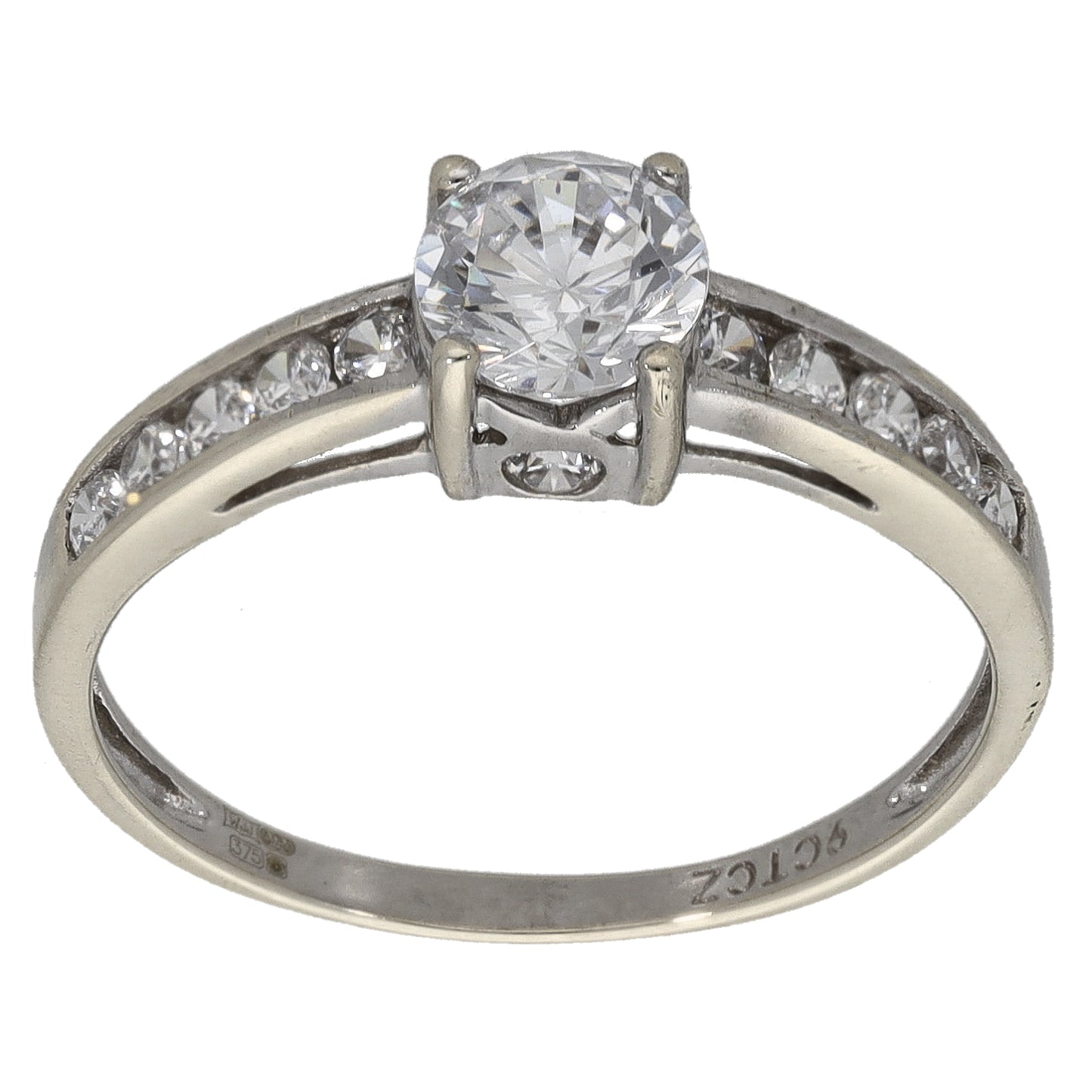 9ct White Gold Cubic Zirconia Single Stone Ring With Accents Size R