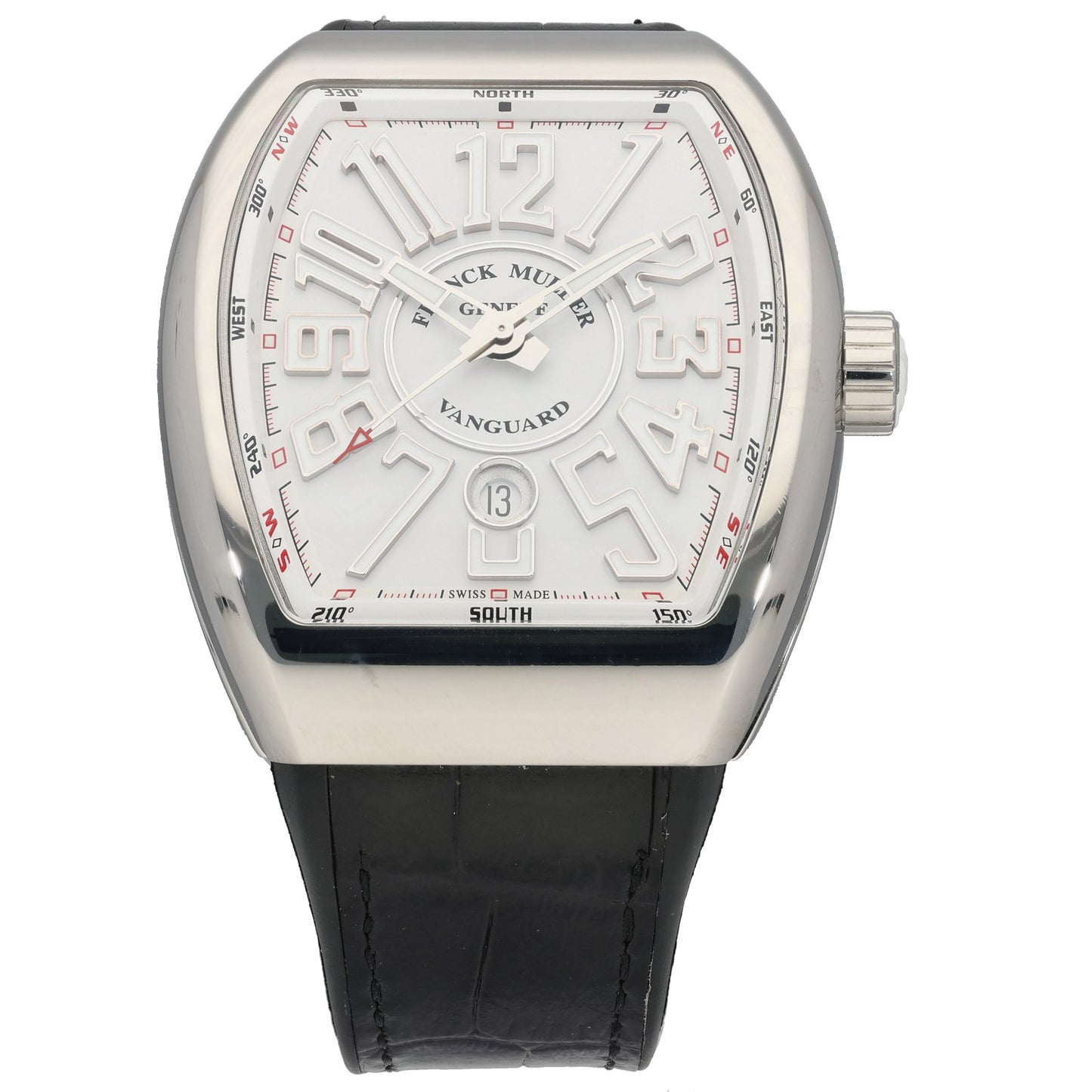 Franck Muller VANGUARD vintage stainless watch with white dial and black leather strap