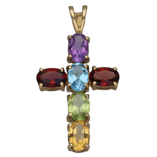 9ct Gold Amethyst, Topaz, Garnet, Peridot & Citrine Cross Pendant