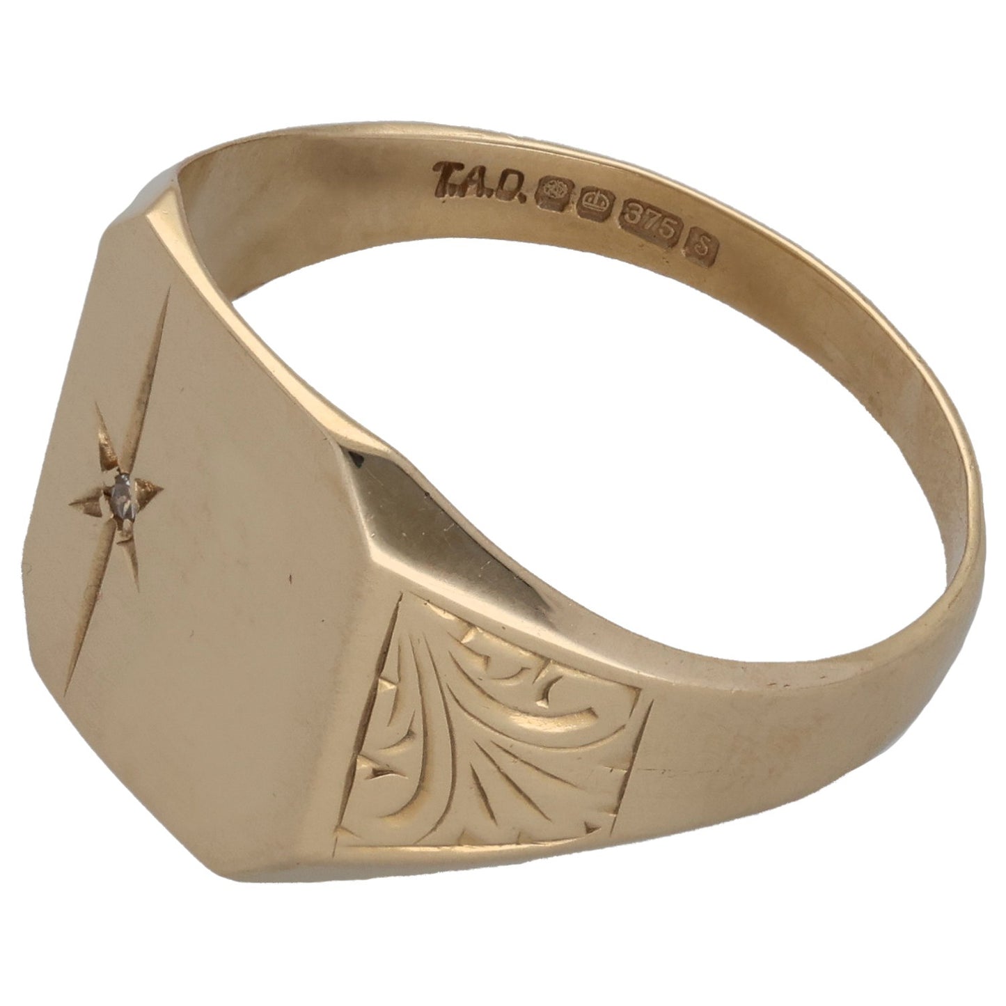 9ct Gold 0.005ct Diamond Patterned Single Stone Signet Ring Size Q