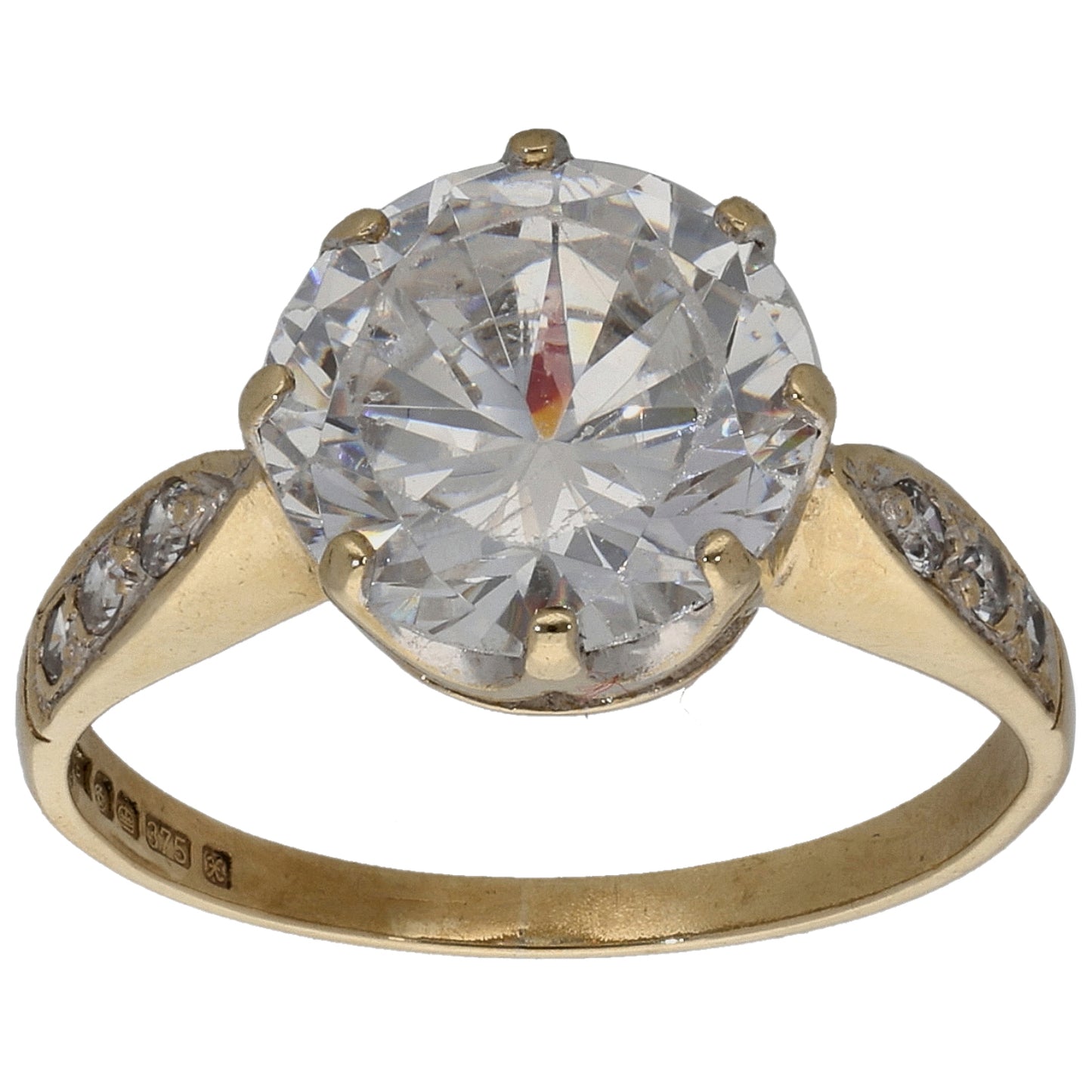 9ct Gold Cubic Zirconia Single Stone Ring with Accent Stones Size L