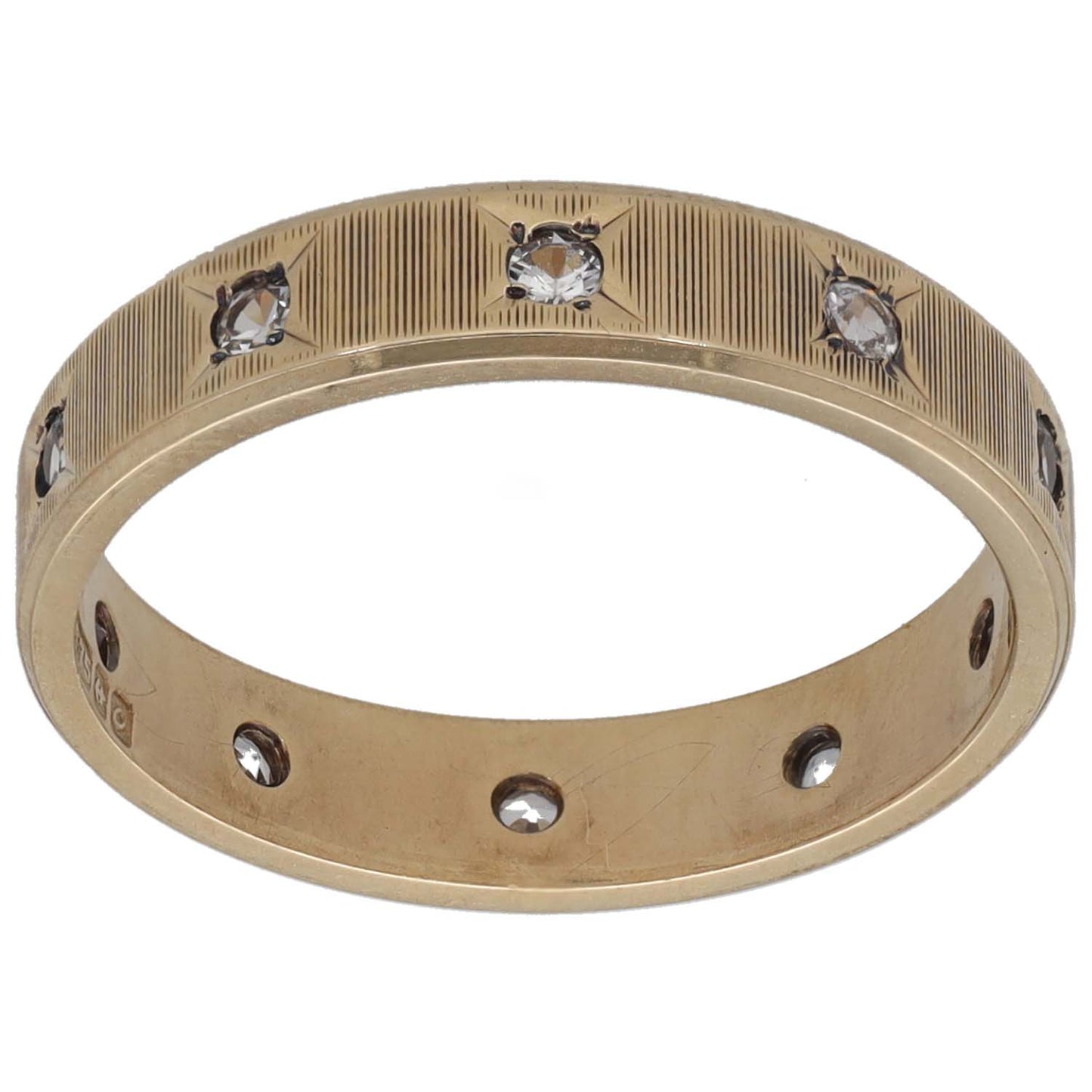 Gold-tone CZ patterned wedding ring, domed band with three sparkling stones and side detail