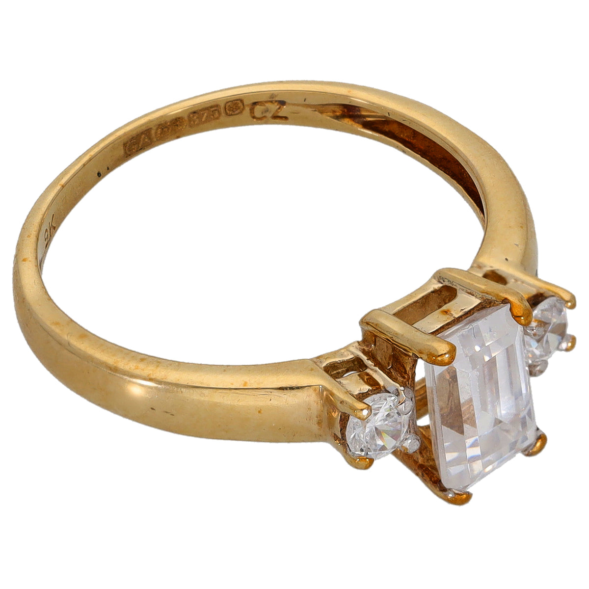 Gold three-stone CZ ring with square center stone and two round side stones