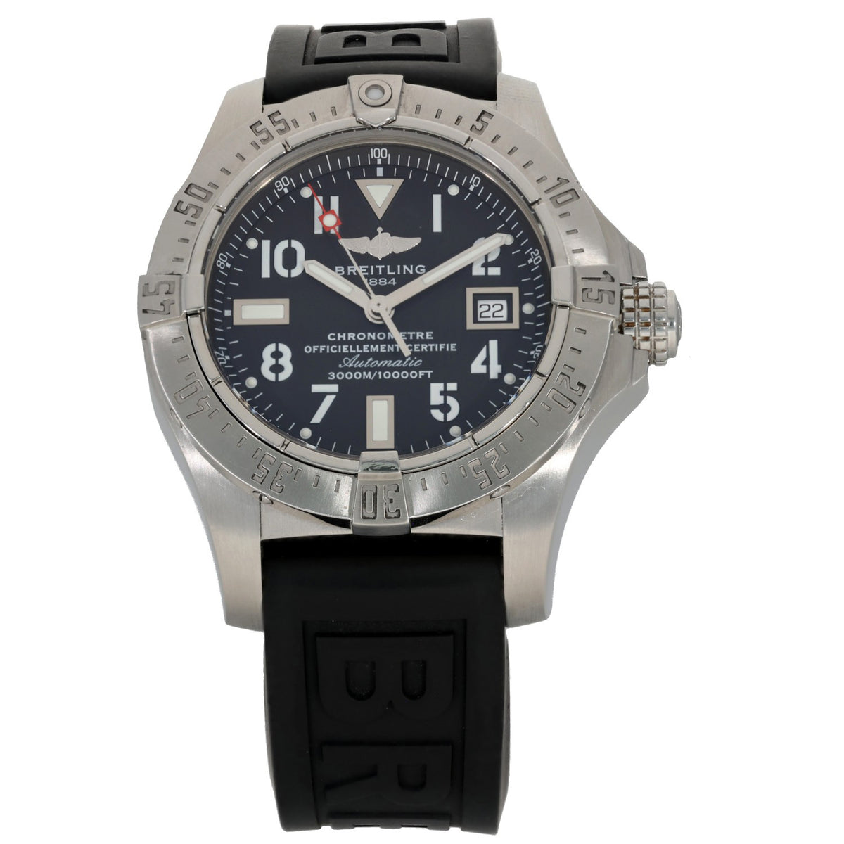 Stainless steel Breitling Chronomat A17330 watch with black dial and black rubber strap, chronograph.