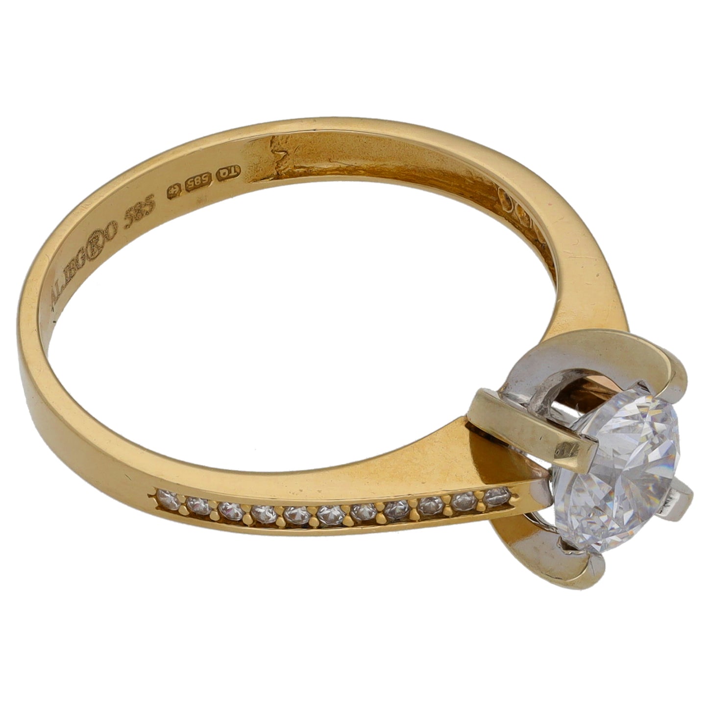 14ct Gold Cubic Zirconia Single Stone Ring with Accent Stones Size P