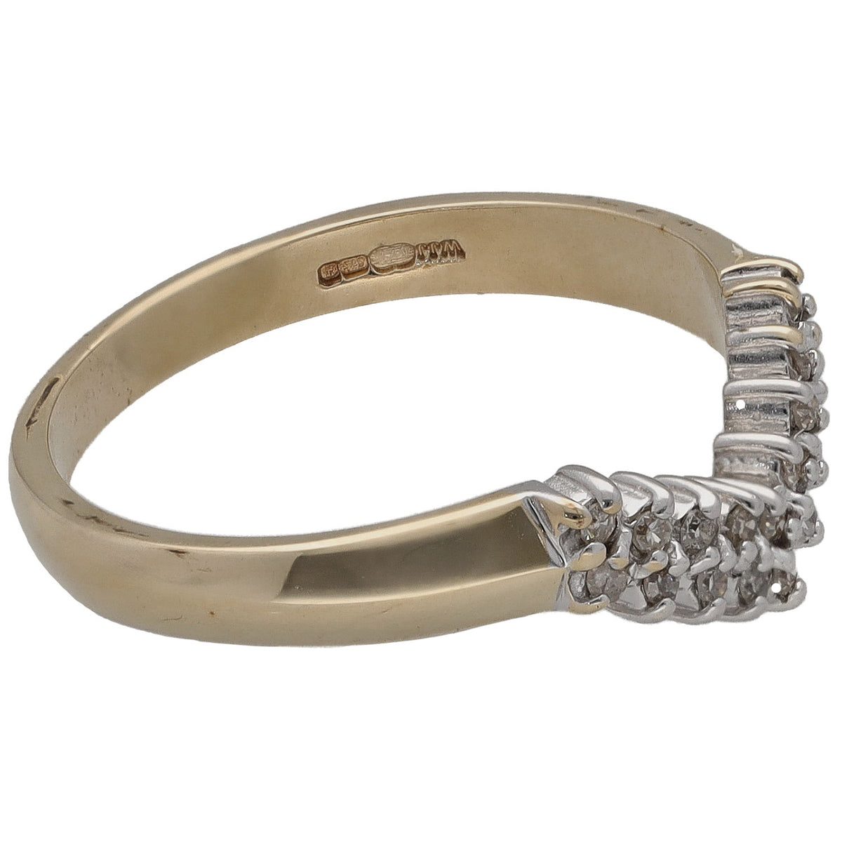 Gold wishbone ring with round diamond cluster on the side, prong-set