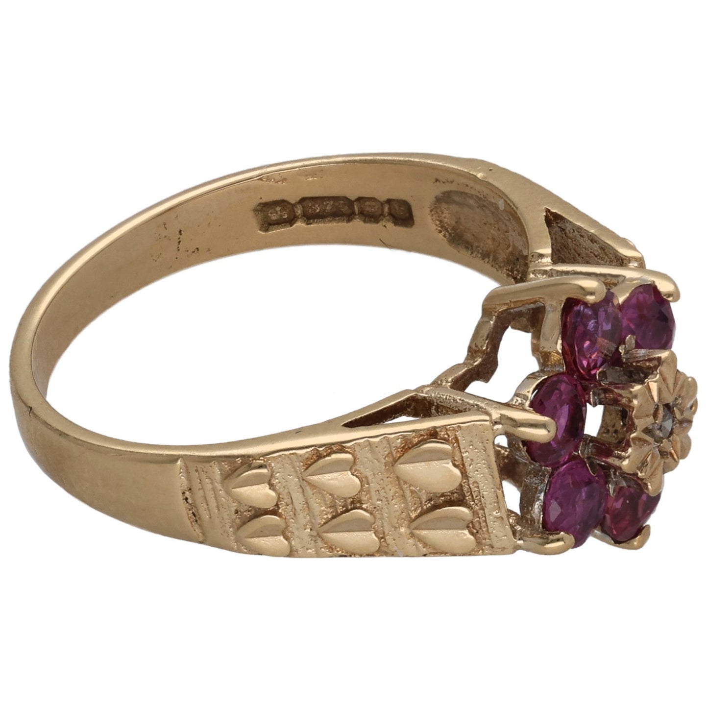 9ct gold side view cocktail ring with purple ruby cluster and diamond accents