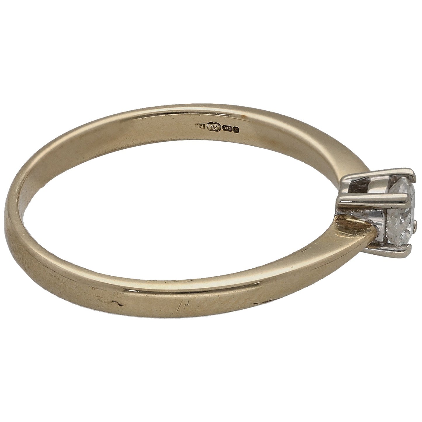 9ct gold solitaire ring profile with round diamond and four prongs, hallmark