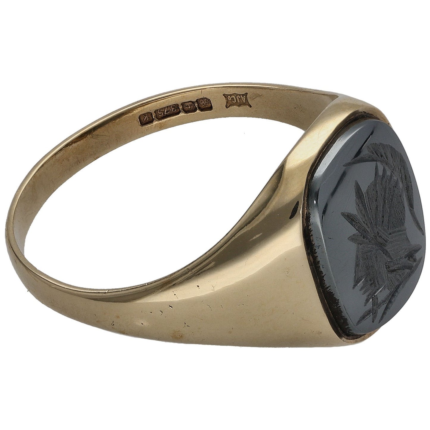 9ct Gold Hematite Crest/Emblem Single Stone Signet Ring Size T