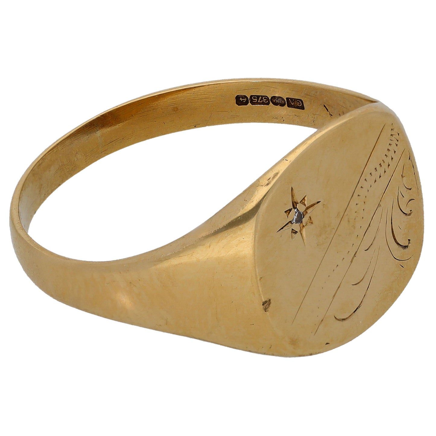 9ct Gold 0.005ct Diamond Patterned Signet Ring Size W