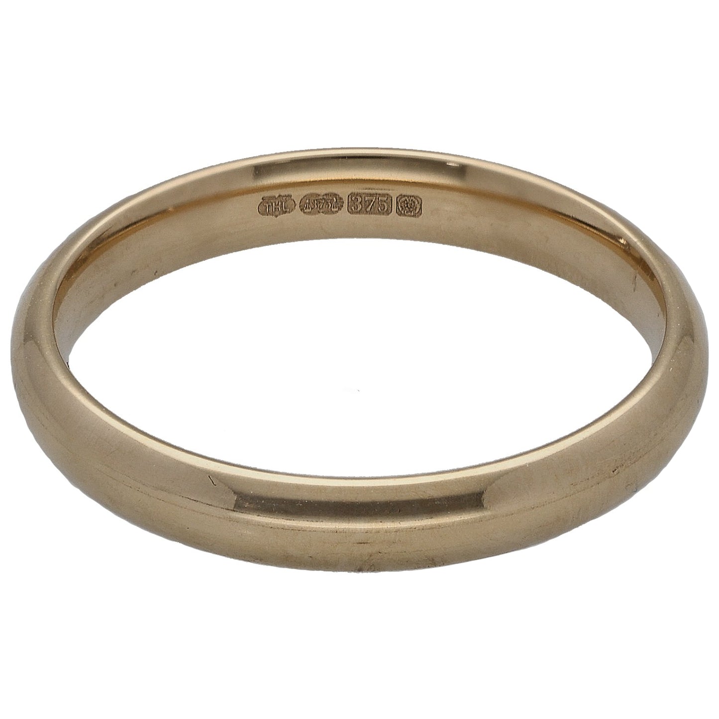 9ct gold plain wedding ring with polished band and engraved inner hallmark