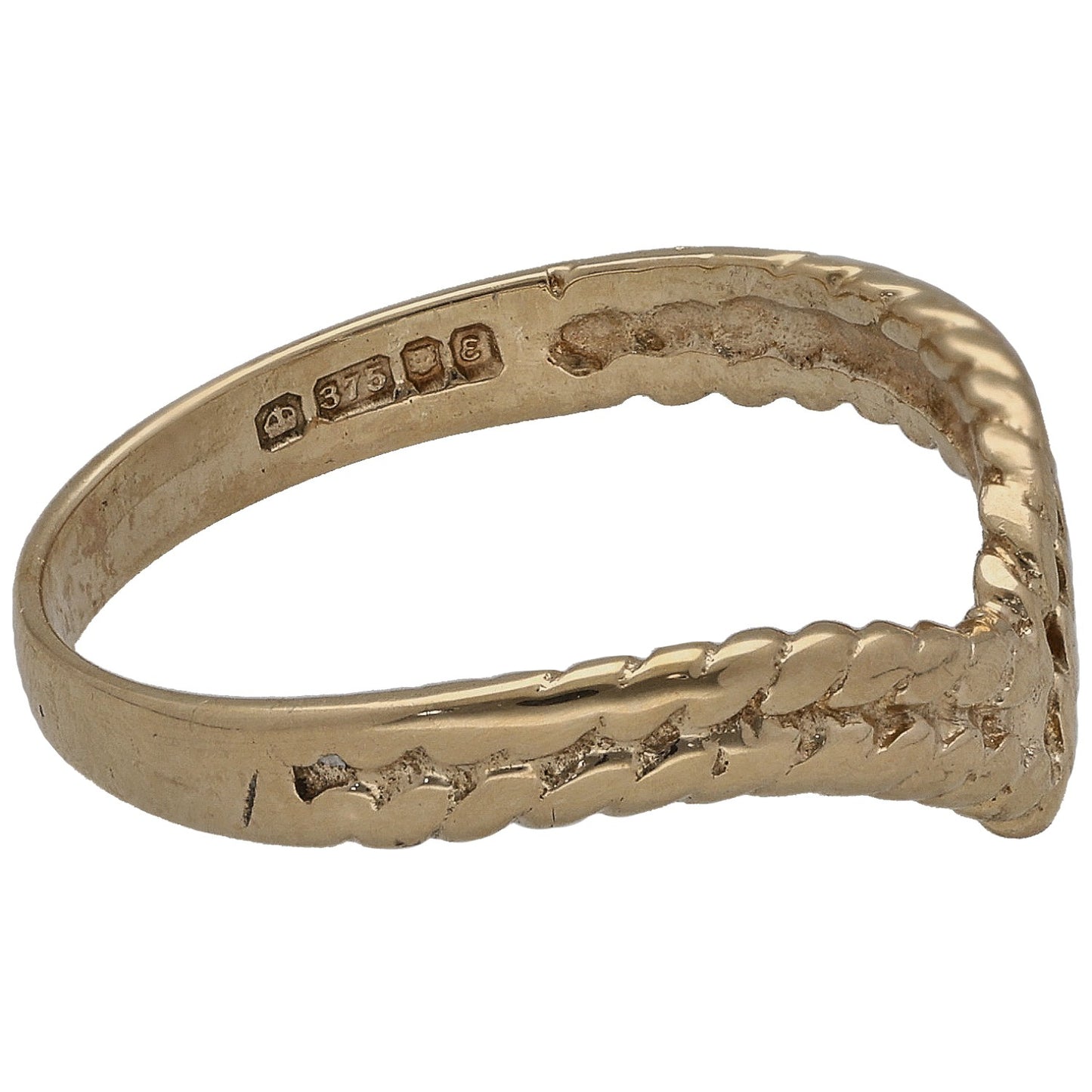 9ct gold wishbone ring with textured band and inner hallmark stamps