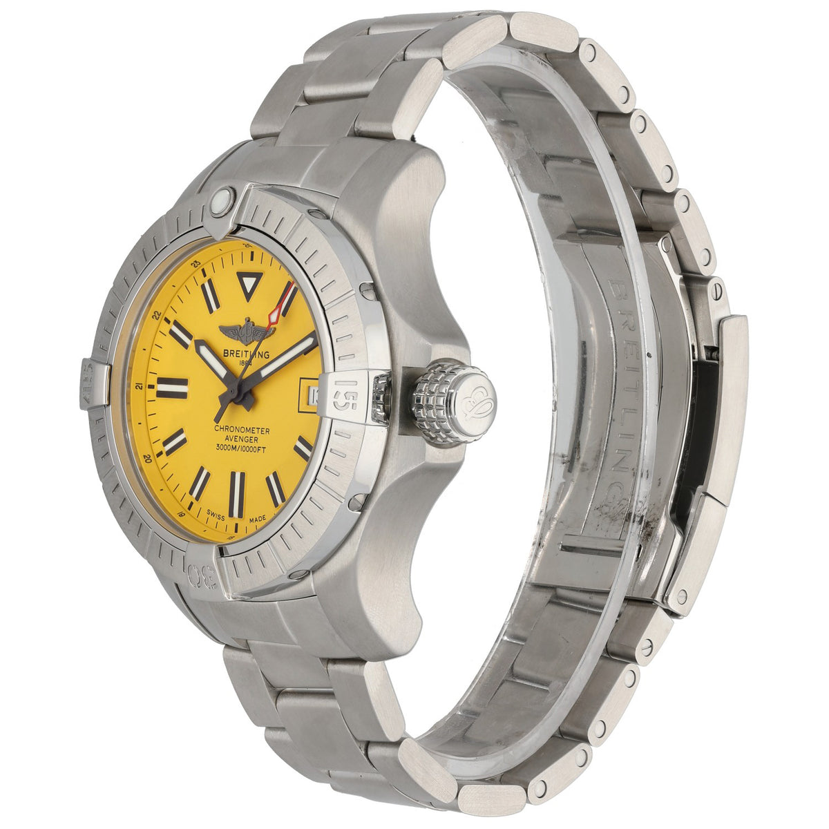 Breitling Avenger A17319 Stainless steel watch case with yellow dial and crown on metal bracelet