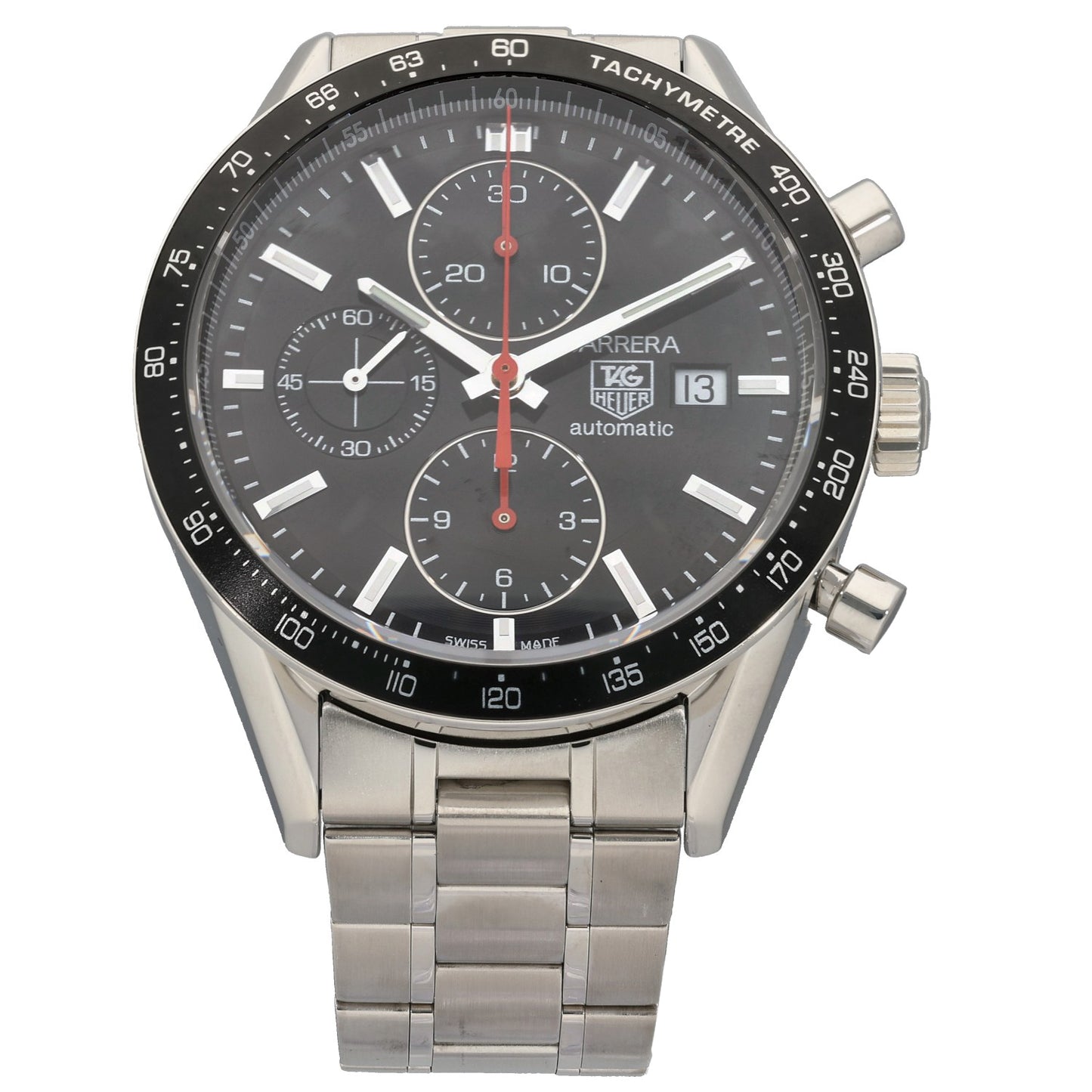 Tag Heuer Carrera CV2014-3 Stainless steel chronograph watch, black dial with red accents, date window, tachymeter bezel