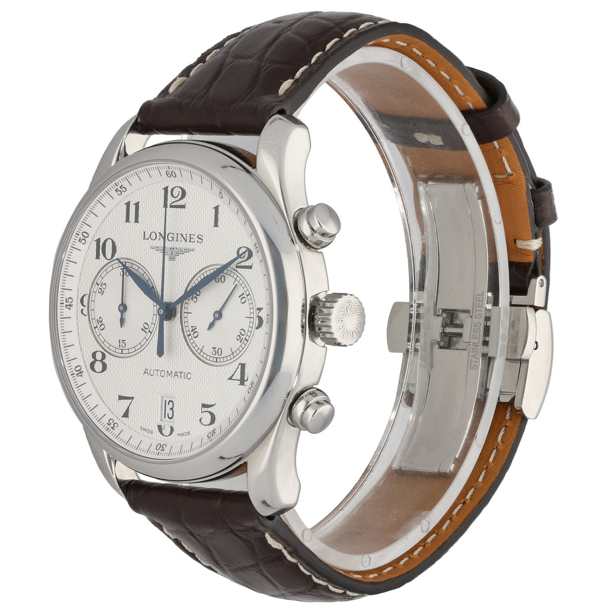 Longines Master Collection L2.629.4 Stainless steel wristwatch side view with white dial and brown leather strap