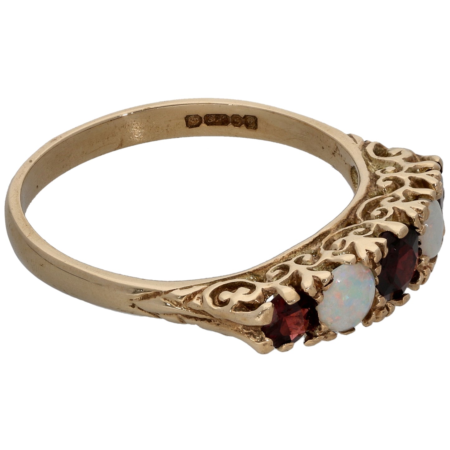 9ct Gold Garnet & Opal Half Eternity Ring Size O