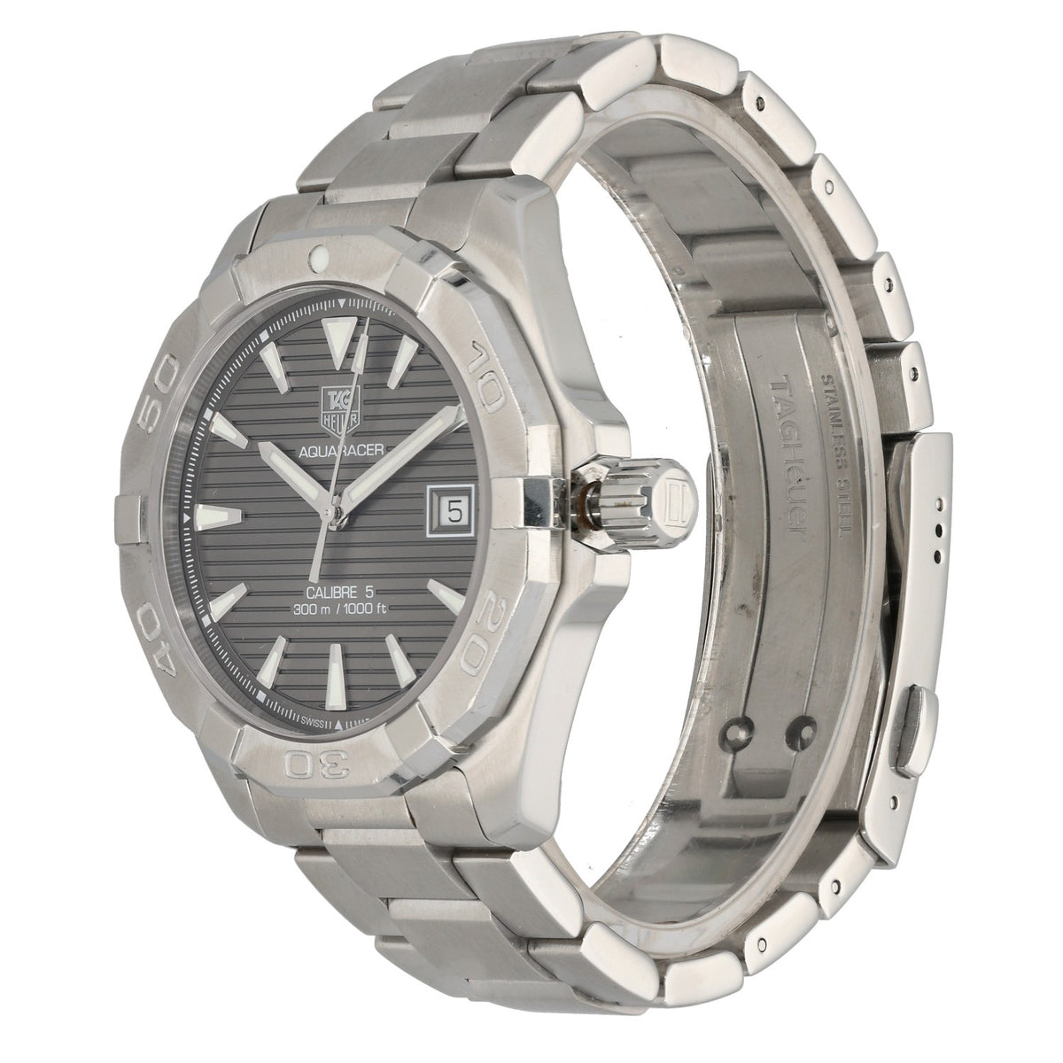 Tag Heuer Aquaracer WAY2113, grey dial on stainless steel bracelet and case, angled front image