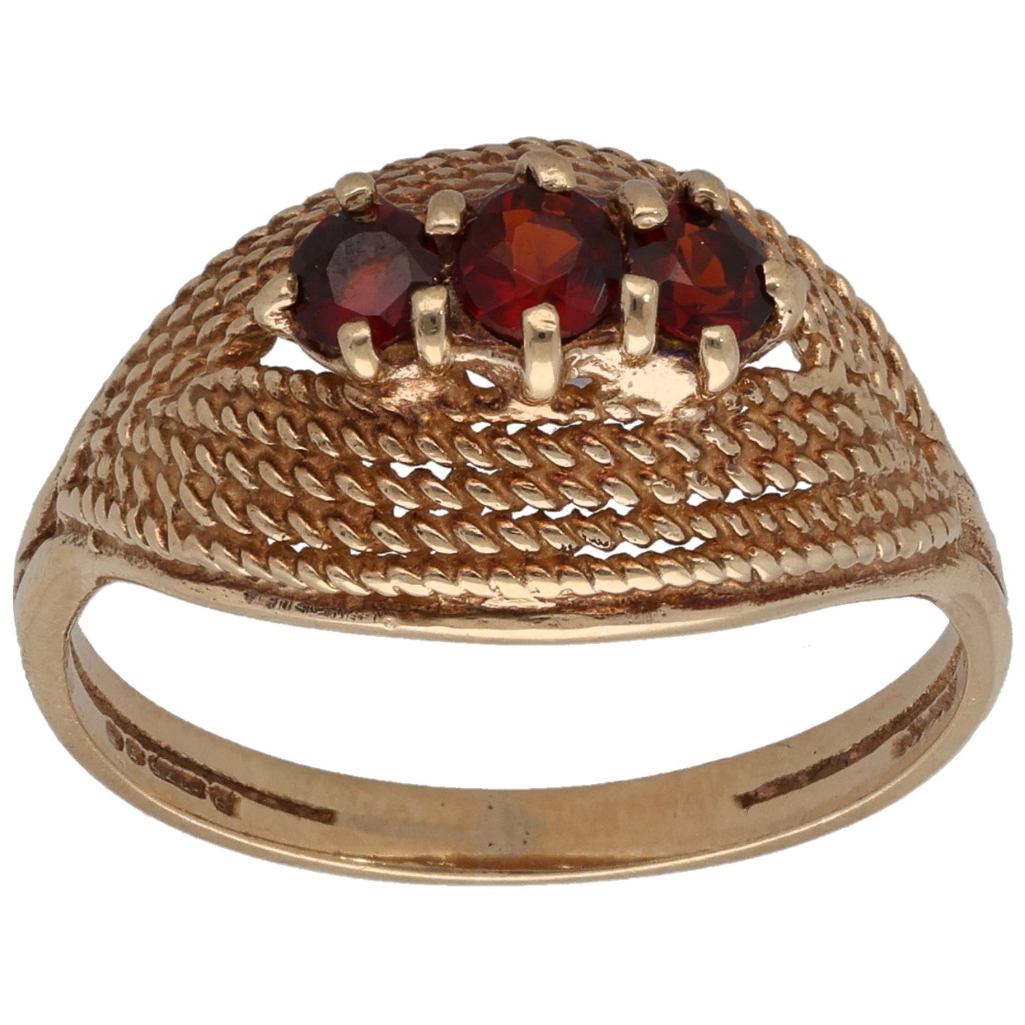 9ct gold three-stone garnet ring with textured band and red gemstone settings