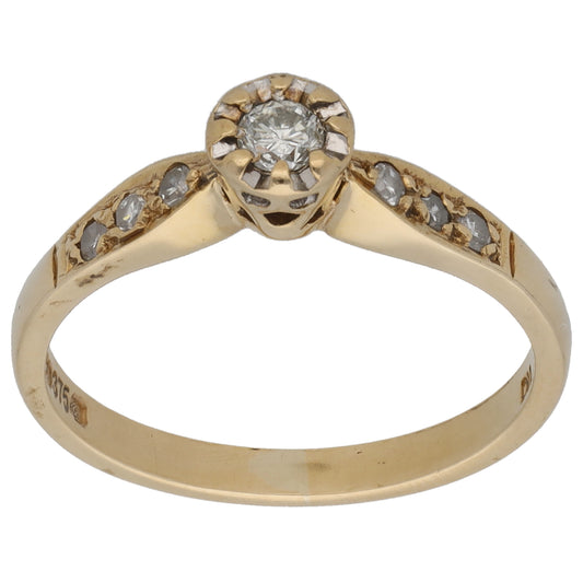 9ct Gold 0.20ct Diamond Solitaire Ring With Accent Stones Size L