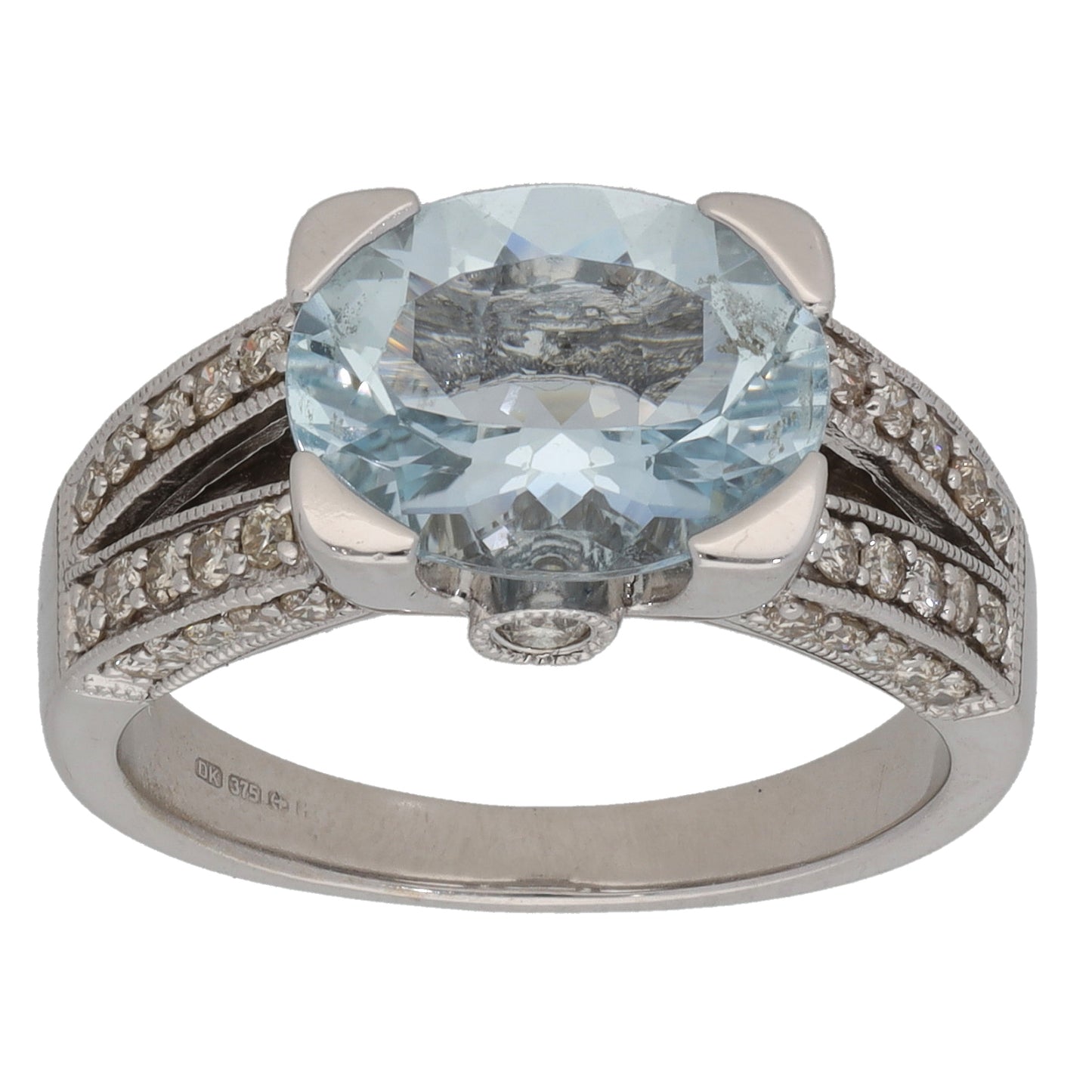 9ct White Gold Aquamarine & 0.42ct Diamond Dress/Cocktail Ring Size L