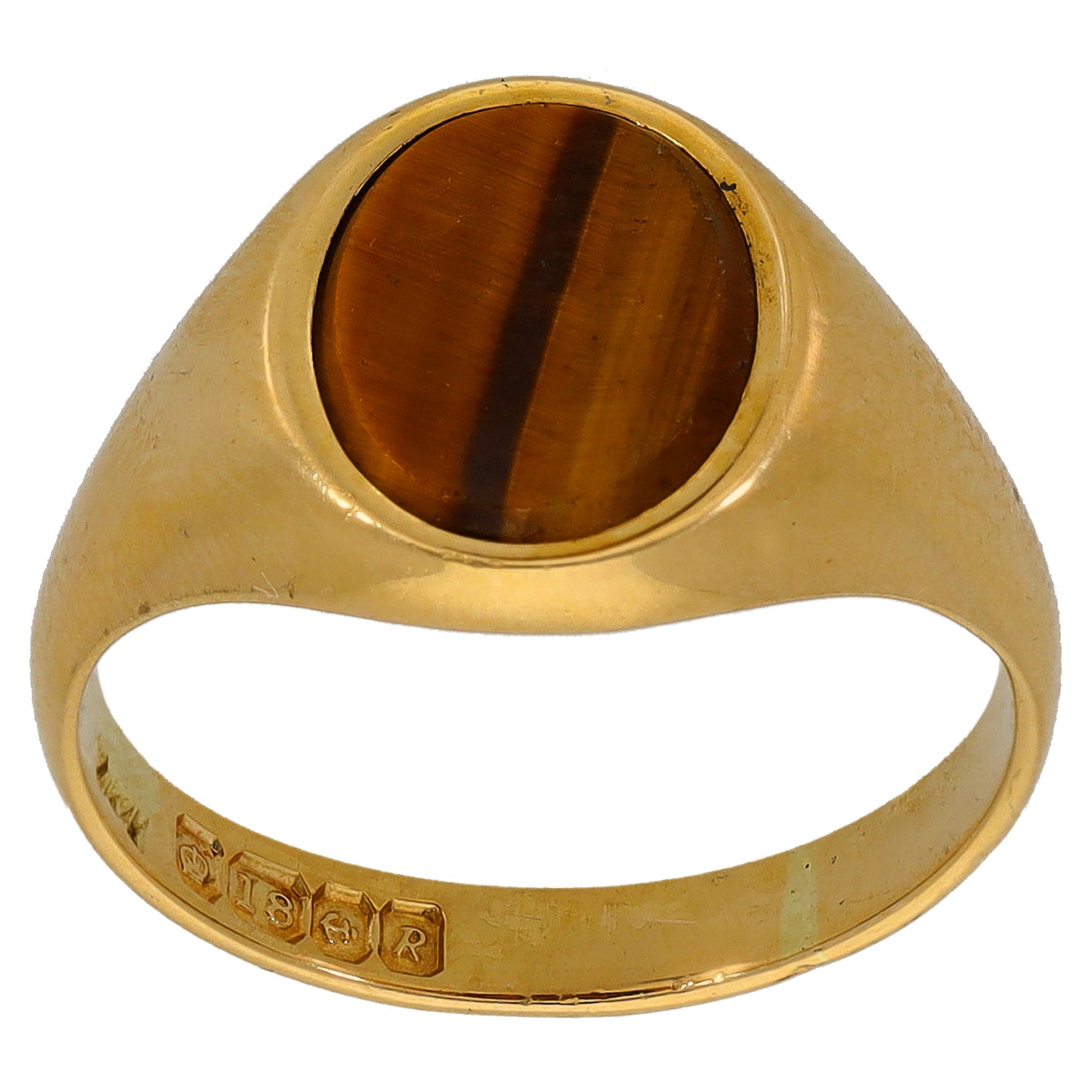 Gold ring with oval tiger-eye cabochon and engraved inner band, single-stone setting