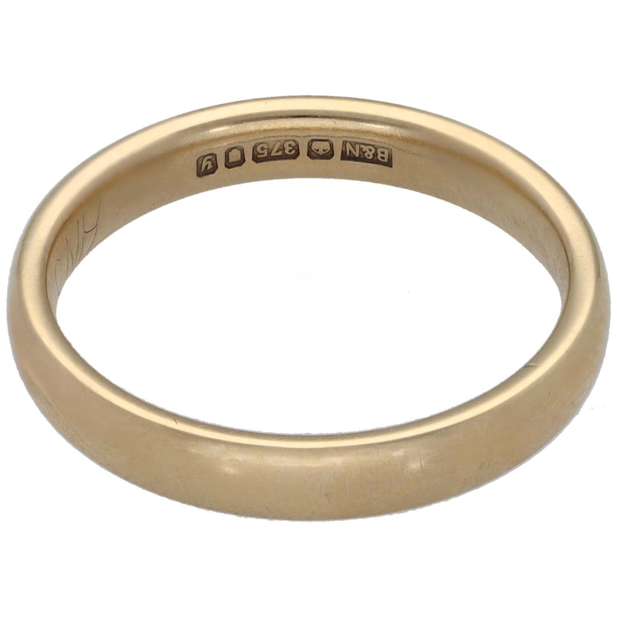 9ct gold plain wedding ring, inside hallmark text and symbols around band