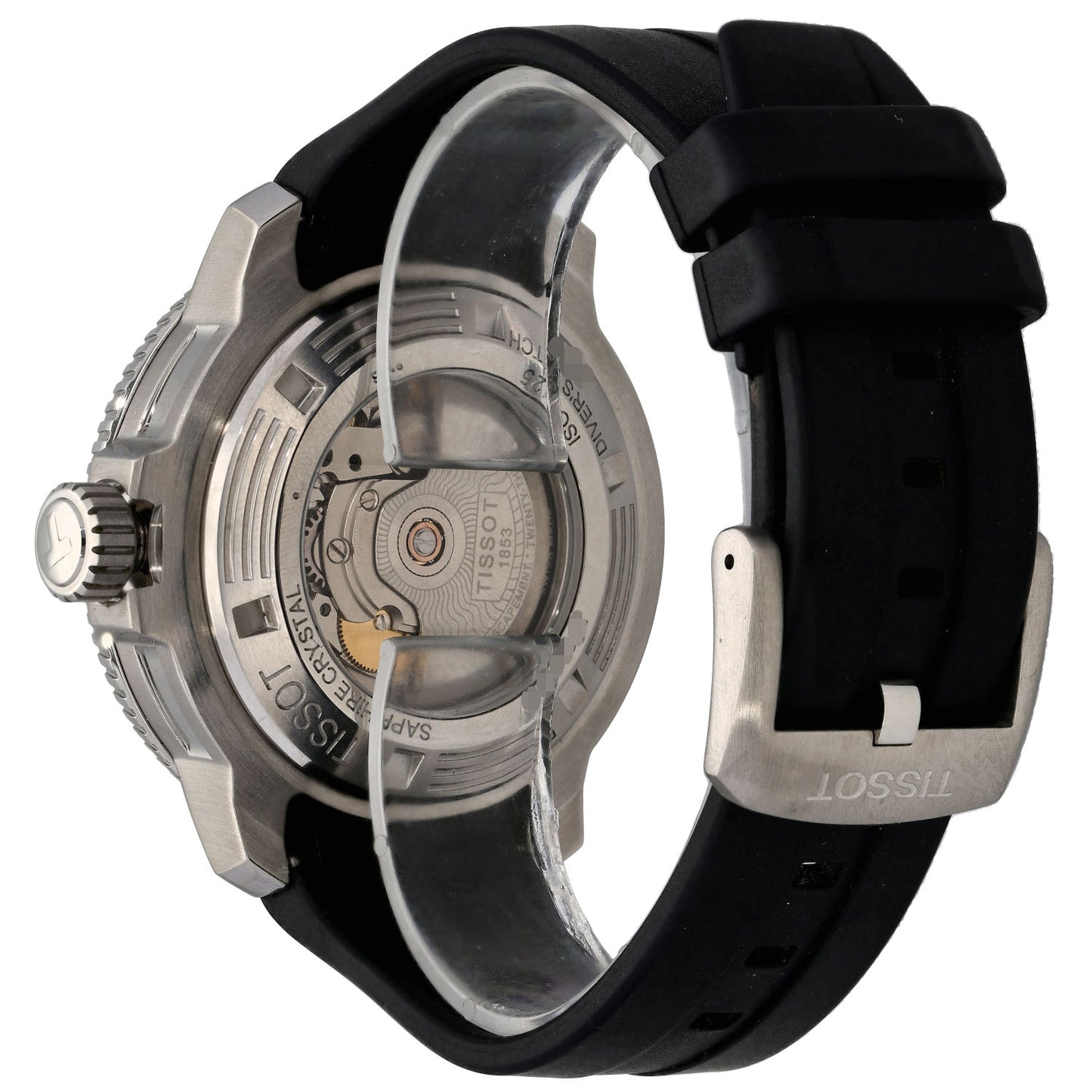 Tissot Seastar T120607 Stainless steel diver watch caseback view with visible movement and black rubber strap