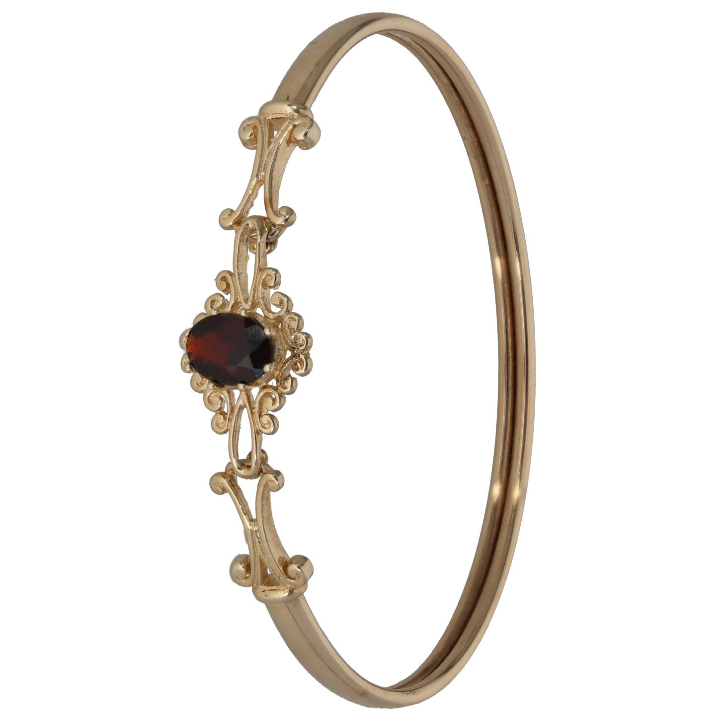 9ct gold garnet hinged bangle with ornate dark red stone and clasp detail