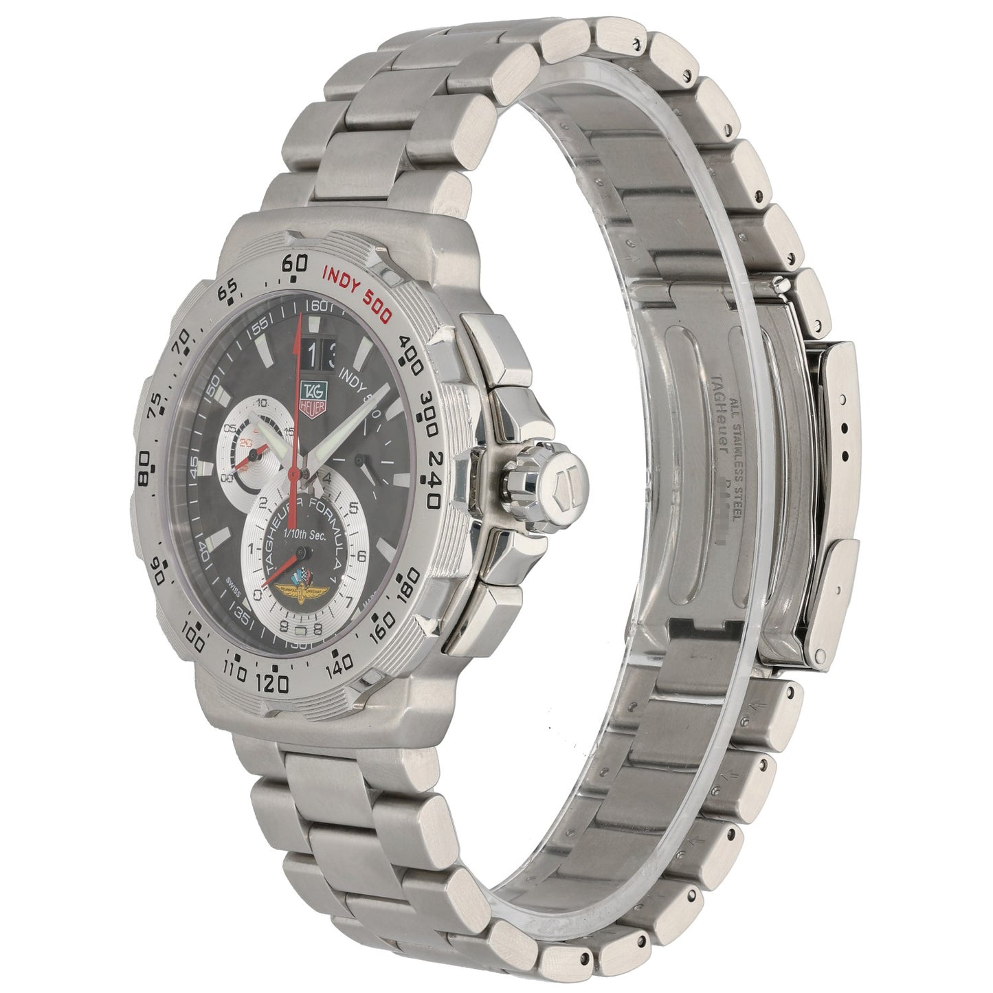 Tag Heuer F1 cah101a stainless steel watch side view, black dial, crown and pushers, steel bracelet