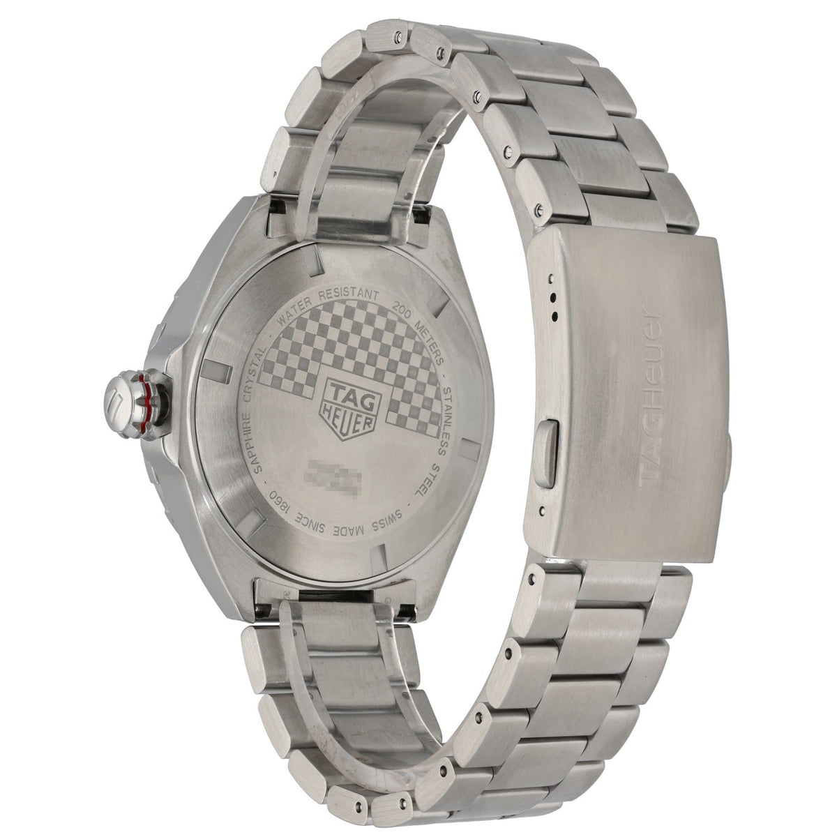 Tag Heuer F1 WAZ2011 Stainless steel wristwatch case back with checker logo and metal link bracelet