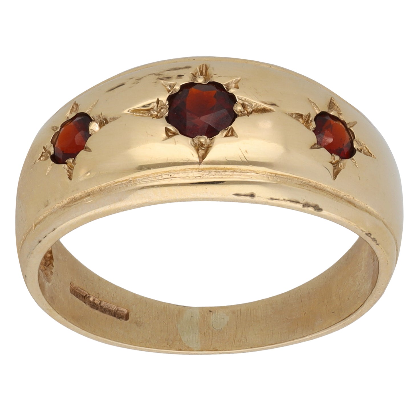 9ct Gold Garnet Three Stone Ring Size P