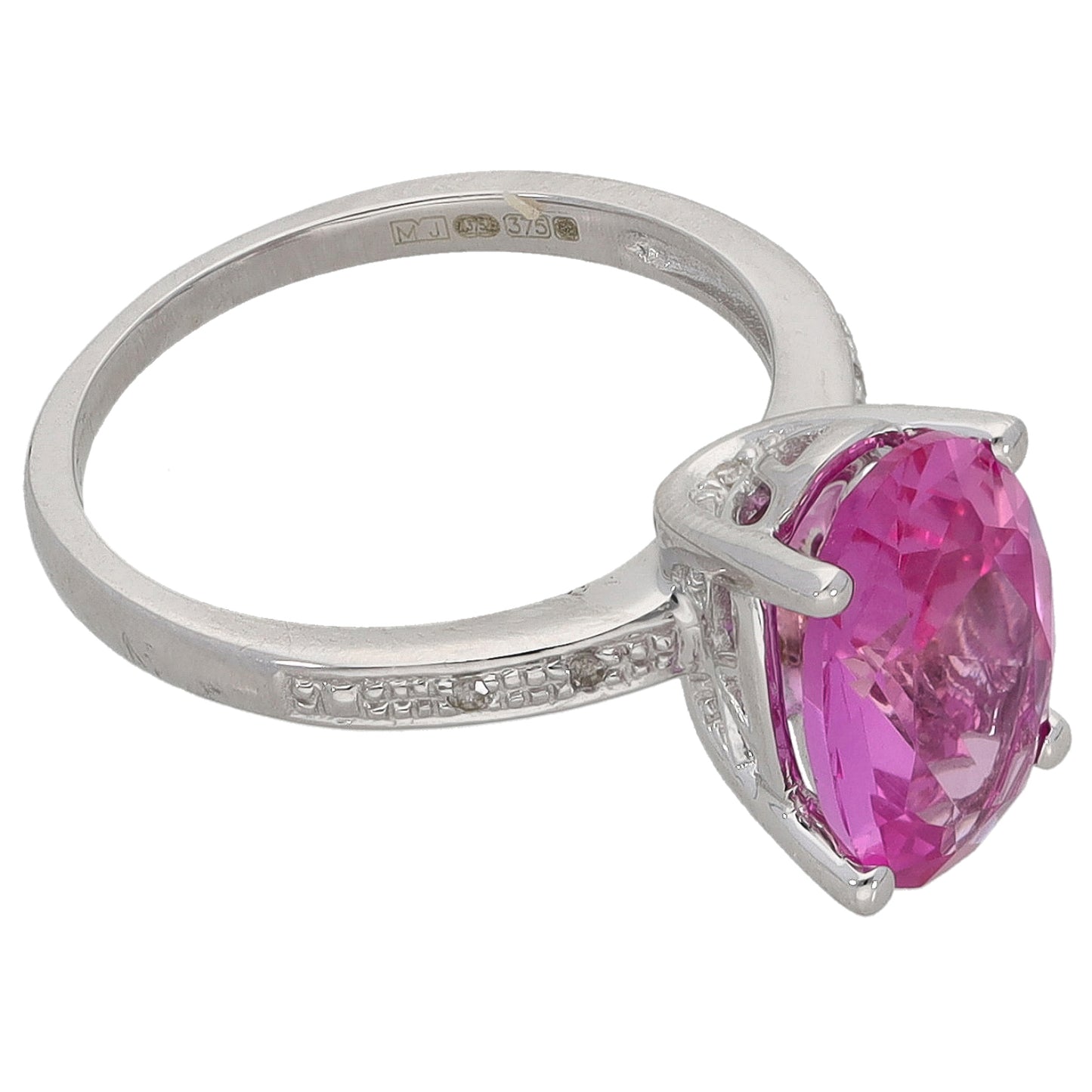 9ct White Gold Man Made Sapphire & 0.03ct Diamond Single Stone Ring with Accent Stones Size L