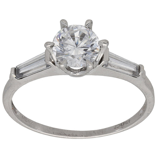 9ct White Gold Cubic Zircona Single Stone Ring with Accent Stones Size S