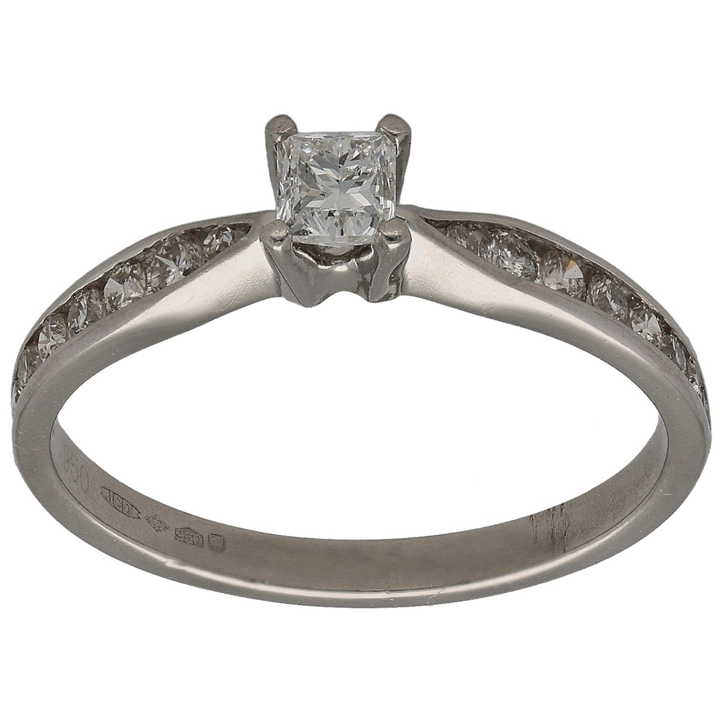 Platinum solitaire ring with square center diamond and pavé accent stones