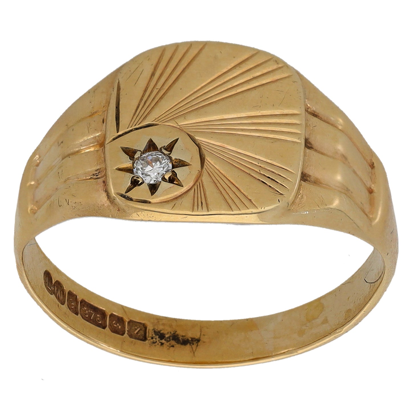 9ct Gold 0.05ct Diamond Single Stone Patterned Signet Ring Size T