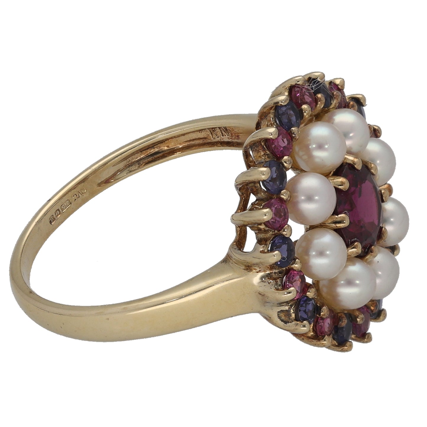 9ct Gold Garnet, Cultured Pearl & Iolite Dress/Cocktail Ring Size R