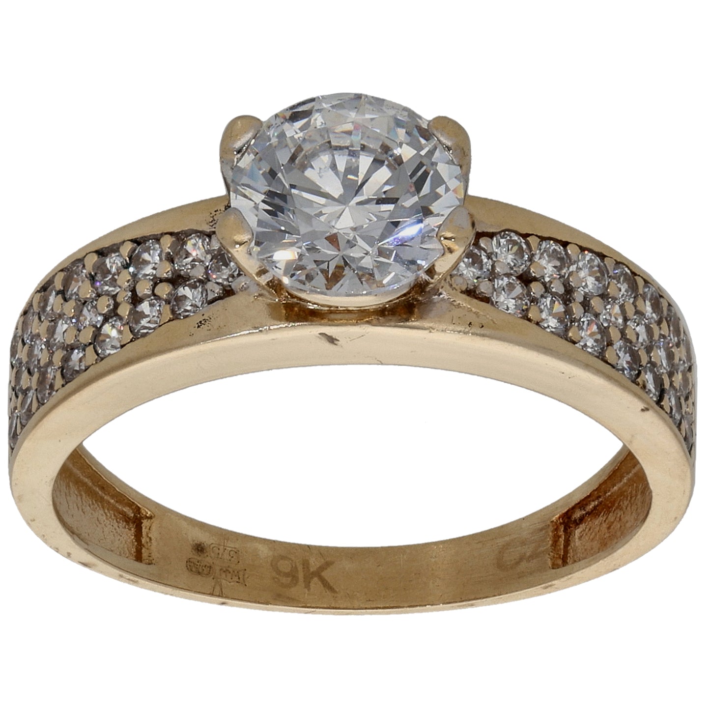 9ct Gold Cubic Zirconia Single Stone Ring with Accent Stones Size N