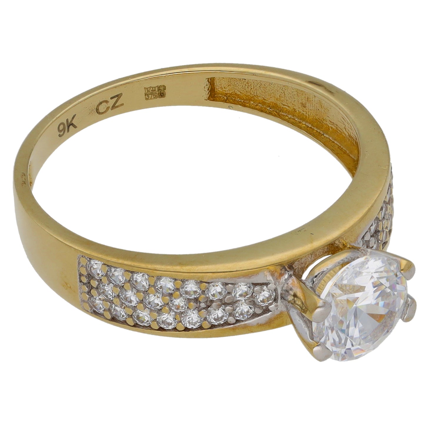 9ct Gold Cubic Zirconia Single Stone Ring with Accent Stones Size R