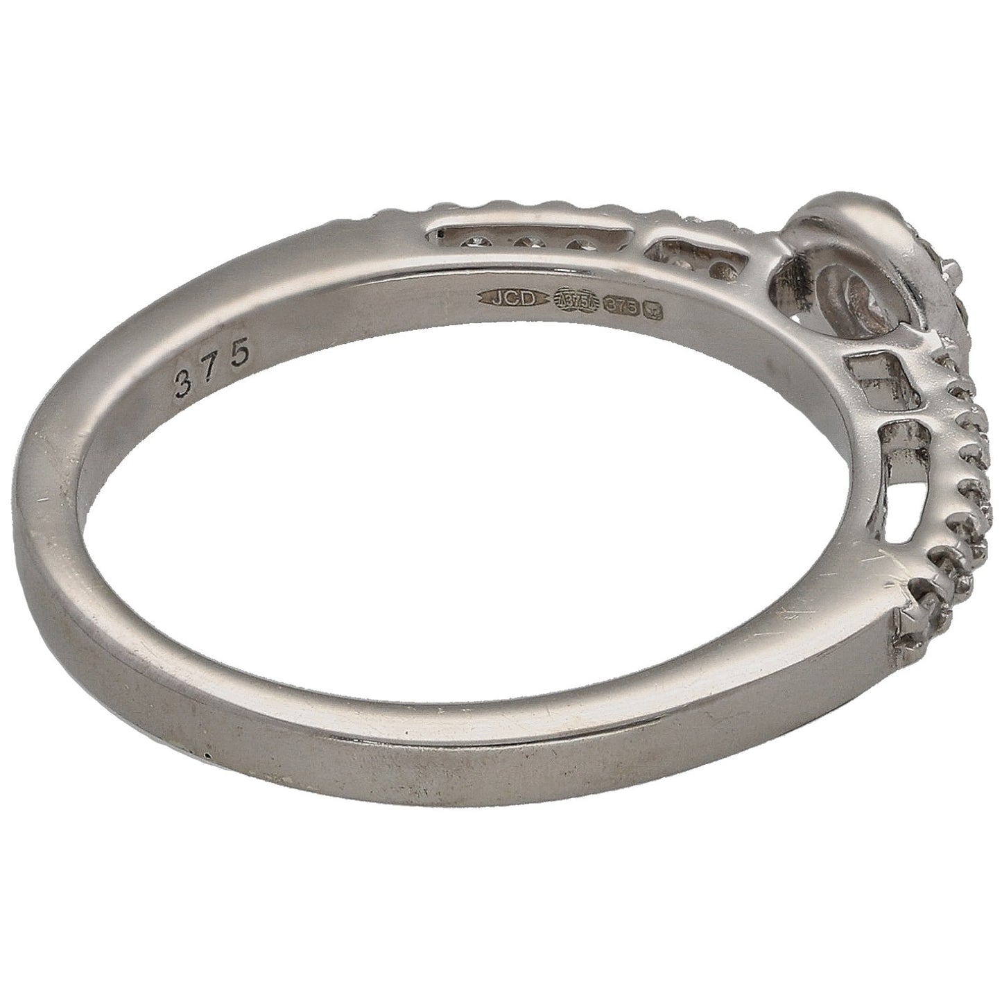 White gold diamond cluster ring, side view