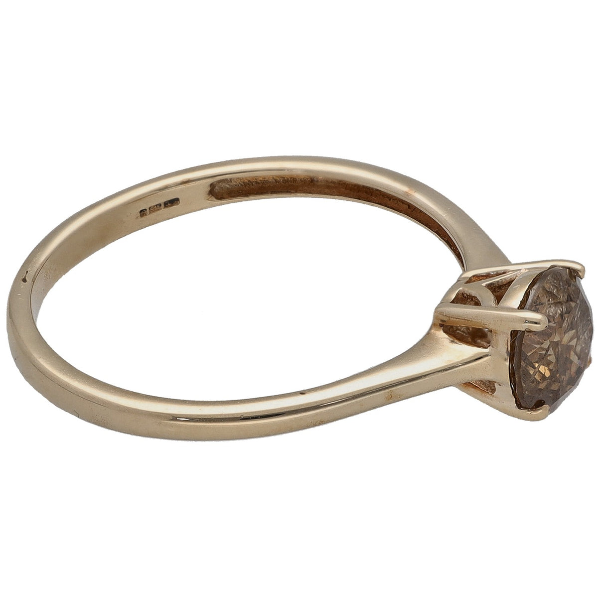 9ct gold solitaire ring with round brown diamond and four-prong setting, side view