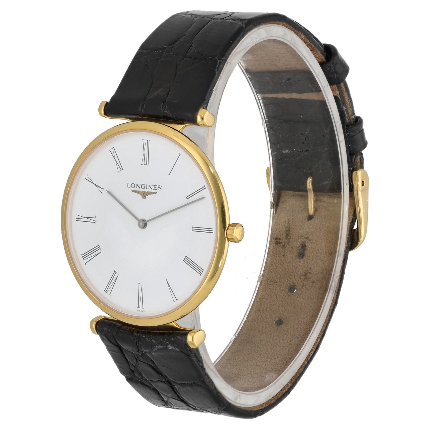 Longines La Grande Classique L4.709.2, gold plated stainless steel case, white dial, black leather bracelet