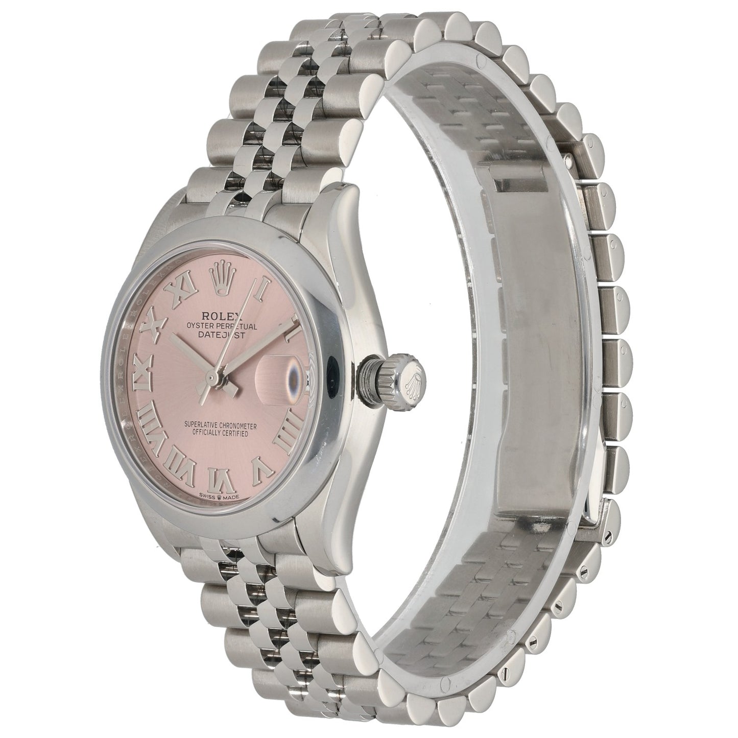 Stainless steel Rolex Datejust 278240 watch, side view, pink dial, date window, jubilee bracelet