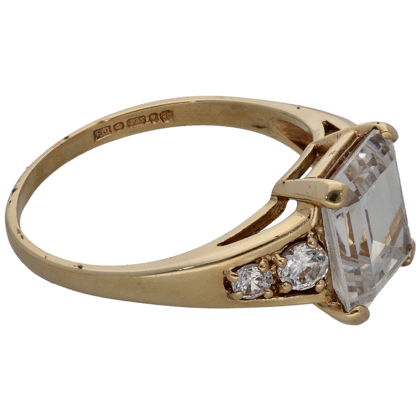 9ct Gold Cubic Zirconia Single Stone Ring with Accent Stones Size Q