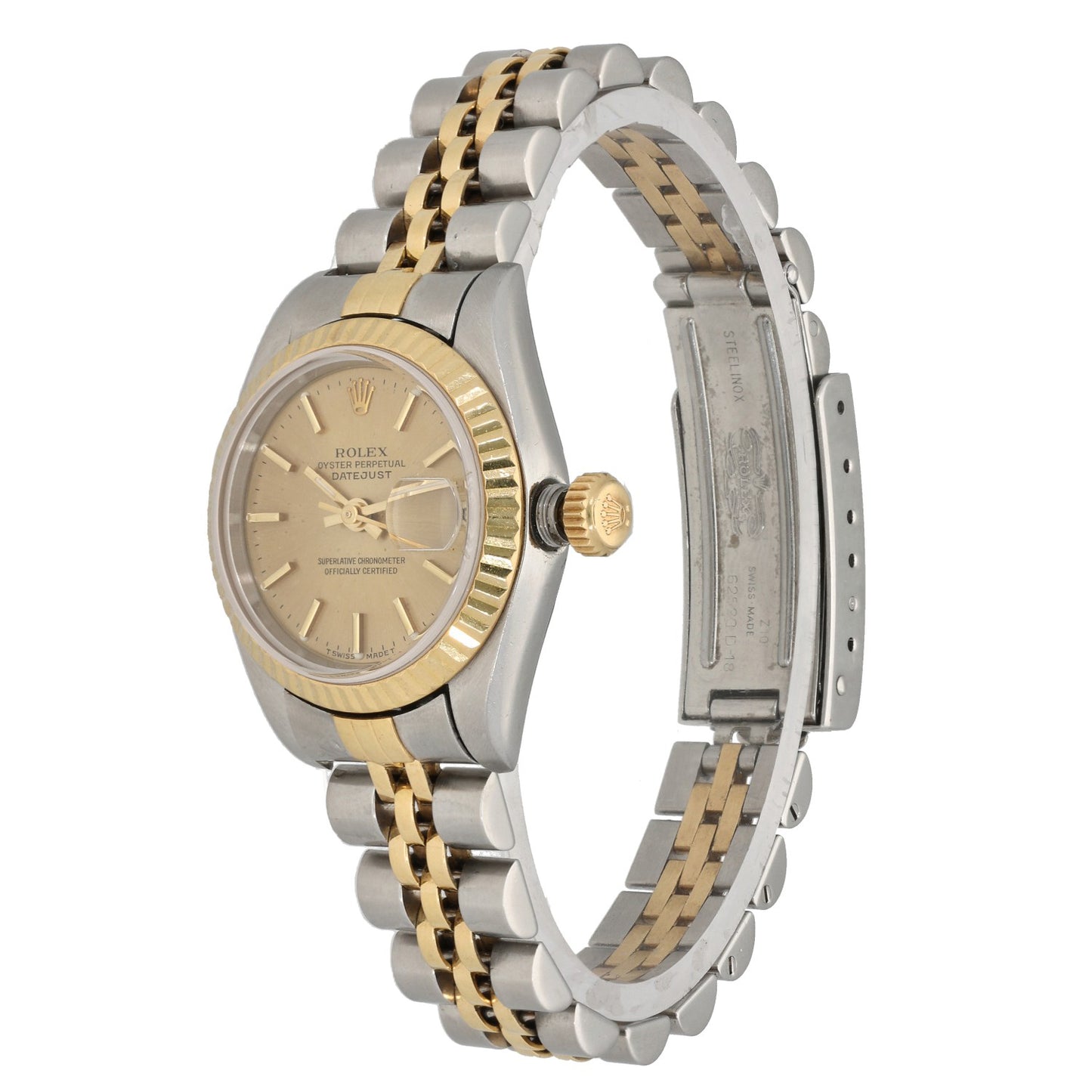 Rolex Lady Datejust 69173 bi-colour watch with gold-and-silver dial and bracelet, front angle